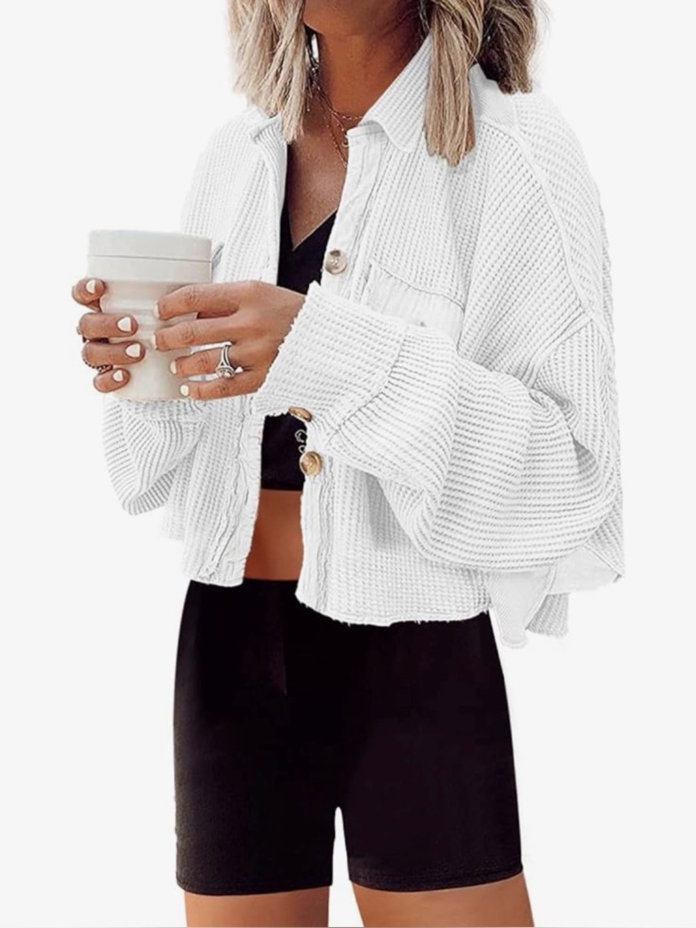 White Waffle Knit Cropped Shacket